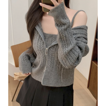 復古扭紋Top+雙拉鍊外套Set (5 Color)